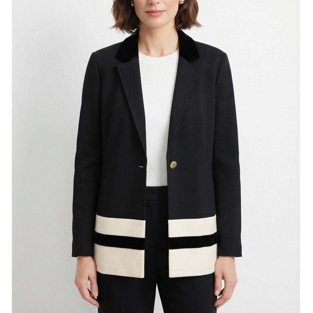 St. John Milano Knit Blazer Colorblock Wool Blend Black Cream Size 12